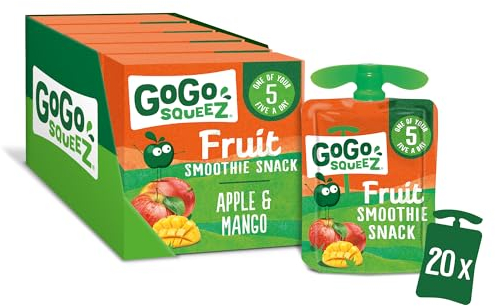 GoGo squeeZ Apple Mango Fruit Smoothie Snack,100% Real Fruit Blend, 20 x 90g Pouches, Snack for Kids & Adults, Gluten-Free, Vegan, No Added Sugar, School Lunchbox Friendly, On-the-Go Snacking