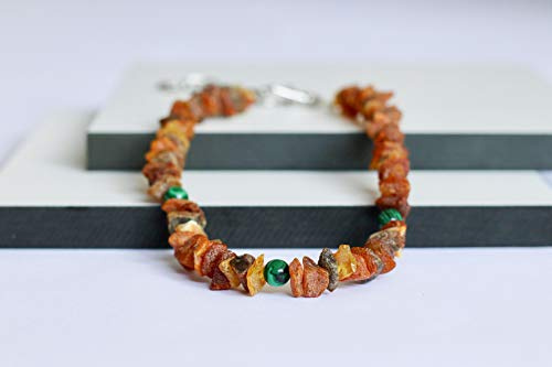 Bernsteinkette für Hunde aus Roh Baltischer Bernstein mit Malachit verziert | Zeckenhalsband | Bernstein Gegen Zecken | Zecken und Flohschutz Halsband (20-25 cm)