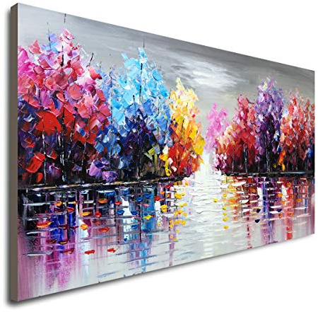 Hand Painted Lake Landscape Canvas Wall Art with Colorful Tree Thick Texture Oil Painting Abstract Artwork (48 x 24 inch)