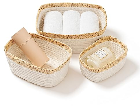 La Jolíe Muse 13.5cm Cesto in Corda di Cotone,Cestini Portaoggetti con Manici Set di 3, Colore Bianco & Beige