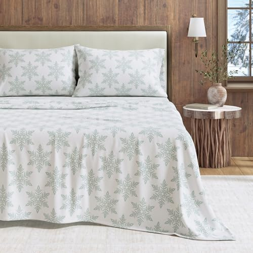 Great Bay Home Flannel Sheet Set King Size - 100% Turkish Cotton, Double-Brushed, Printed Bed Sheets - Ultra-Soft, Cozy, 4-Piece Bedding Set (Snowflake- Simple White)