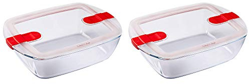 Pyrex Microwave Safe Classic Rectangular Glass Dish with Vented Lid 2.5 Litre Red (Pack of 2)