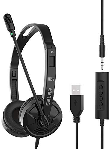 Headset with Microphone for Laptop, 3.5mm USB PC Headphone with Noise Cancelling Mic & Audio Controls for Skype, Office, Most Smartphones, Call Center, Clear Chat, Ultra Comfort - Black