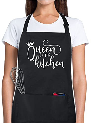Xornis 100% Cotton Funny Aprons for Women Queen of The Kitchen with 2 Pockets Chef Cooking Baking Adjustable Bib Apron Gifts from Daughter Son Husband for Mom Grandma Wife Mother's Day