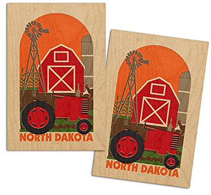 North Dakota, Country, Woodblock (4x6 Birch Wood Postcards, 2-Pack Stationary, Rustic Home Wall Decor)