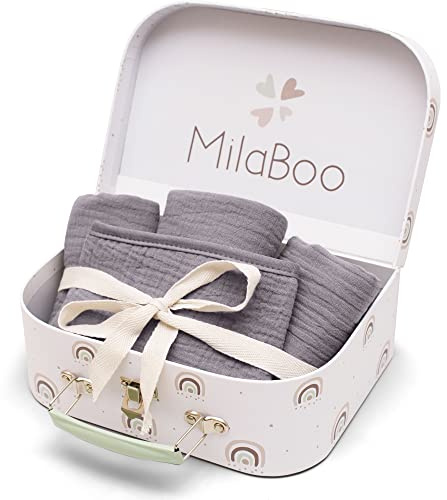 Milaboo Set regalo in mussola per neonati 100% cotone biologico certificato GOTS panno per vomito per neonati con valigetta da gioco FSC