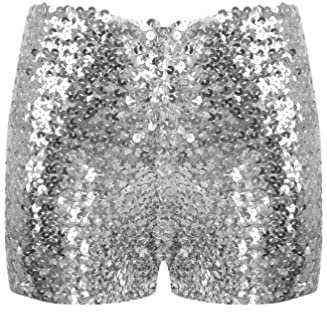 TiaoBug Fille Short de Danse Ballet Jazz Hip-hop à Paillettes Brillant Pantalon Legging Court Short Disco Performance Dancewear Argenté 6-10 Ans