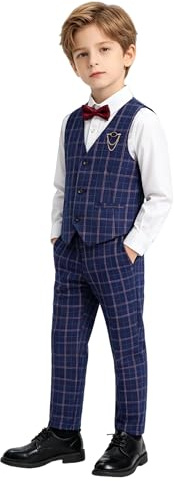 LOLANTA 4 Piezas Conjunto de Chaleco de Traje para niños, Chaleco Chaque, Pantalones,Camisas,Pajarita(8-9 años,Azul,Tag 140)