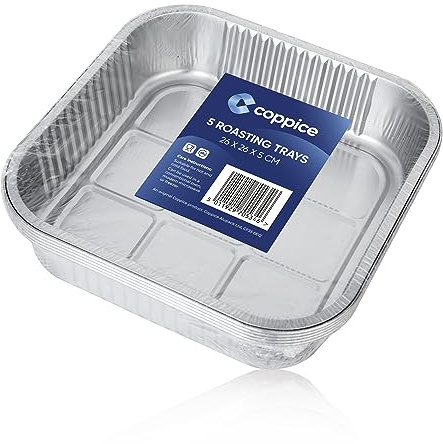 Coppice Strong Square Aluminium Foil Trays for Baking, BBQ, Roasting, Grilling, Air Fryer & Food Storage | 26cm x 26cm x 5cm | Freezer, Microwave & Oven Safe | 5 Pack