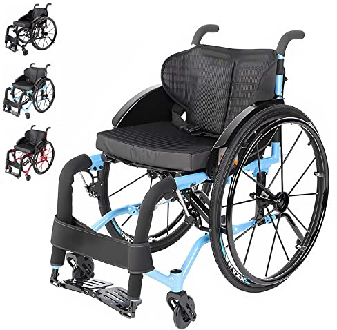 Bueuwe Rollstuhl Faltbar Leicht Aktivrollstuhl, Kleiner Rollstuhl für die Wohnung und Im Freien, Extra Schmaler Rollstühle mit Stoßdämpfung, Ultraleicht Reiserollstuhl, Aluminium,Blau,38cm Sitzbreite