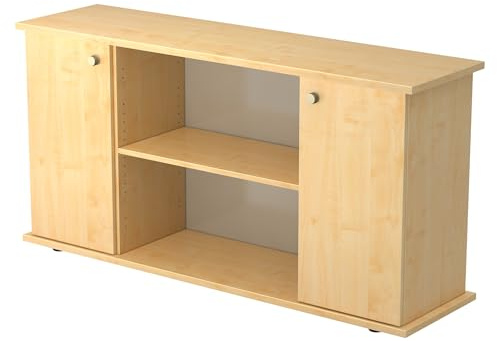 bümö Sideboard Ahorn mit Flügeltüren & Regal - Büromöbel Sideboard Holz 166cm breit, 45cm schmal, Büro Schrank für Flur oder als Wohnzimmer-Kommode mit Streifengriff