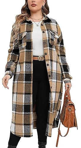 Jhsnjnr Women's Long Sleeve Flannel Checked Shirts Casual Button Down Long Plaid Jacket Shacket