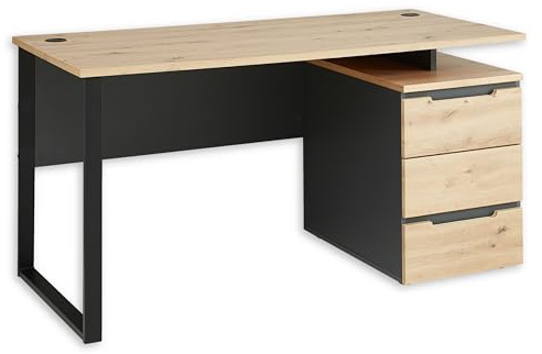 Stella Trading Schreibtisch in Artisan Eiche Optik, Graphit - Moderner Bürotisch Computertisch mit Metallgestell & Rollcontainer - 150 x 77 x 73 cm (B/H/T) | Moderner Bürotisch mit Metallgestell in Kufenform, Rollcontainer, 3 Schubladen, 2 offene Fächer, kratzfeste Oberfläche