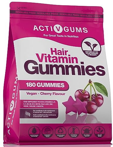 Haare Vitamine 180 Vegane Gummis | Kirschgeschmack | Enthält 13 Wirkstoffe, einschließlich Biotin, Zink, Cholin & Inositol | Wiederverschließbare & Recycelbare Verpackung | Ab 12 Jahren | ActivGums®