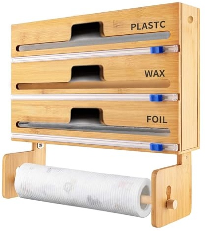 Distributeur Papier Aluminium et Film avec Porte Sopalin et Coupeur - Distributeur Film Alimentaire en 100% Bambou 4 en 1 Derouleur Film Alimentaire pour Mural/Tiroir de Cuisine