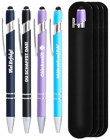 NETONDA 4er Kugelschreiber mit Gravur Du schaffst das! Viel Erfolg! Ich bin stolz auf dich! Glücksstift Glücksbringer 2in1 Kugelschreiber & Stylus Stifte Motivation Stift für Abschluss Kollegen Schule