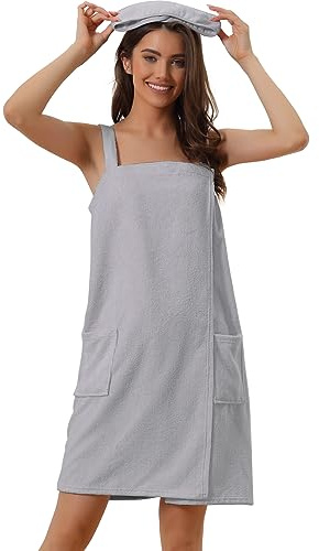 cheibear Damen Bademantel Kleid Frottee Saunakilt Saunatuch mit Tasche und Klettverschluss Spa Dusche Handtuch Bademantel Grau L