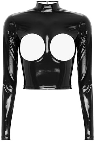 Aislor Damer lack läder crop top wetlook linne ouvert slim fit undertröja toppar långärmad skjorta googo party klubbkläder, svart, S