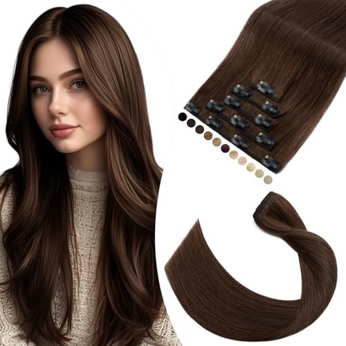 Elailite Echthaar Extensions Clip in #4 Mittel braun, 5 Tressen Remy Haarverlängerung mit 12 Clips, 40cm-60g Glattes Haarteile Natürlich Haarextension für Frauen Damen