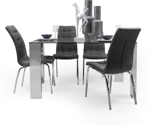 Homely | Conjunto Comedor Karina II | Mesa de Cristal y Acero Pulido Con 4 Sillas Acolchadas | Patas de Acero Cromado | Medidas 140x90 cm | Tela Gris