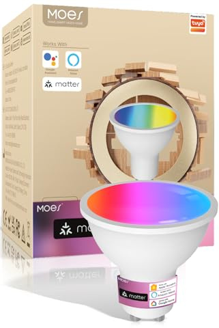 MOES Bombilla Inteligente Led gu10 Wifi y Matter, RGB 2700K-6500K Regulable Calida/Blanco Frio, Compatible Con Alexa/Google Home,Apple HomeKit,Smart Things