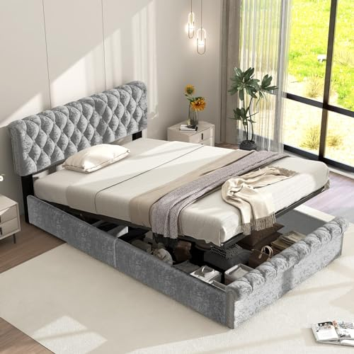 Skcess Polsterbett 90X200 Mit Lattenrost Und Kopfteil, Jugendbett, Polsterbett Mit Für Erwachsene & Jugendliche, Schneeflockensamt, Grau