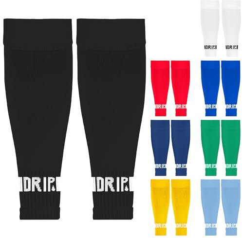 DRIPsox® Football Sock Sleeves - 3 Sizes for Kids, Men, Junior, Women (S:13C-3.5, M:4-7.5, L:8+) - Multiple Colours - 1 Pair (M) Black Football Sleeve Socks with Breathable Calf Comfort Mesh