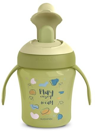 Suavinex, Tazza evolutiva con beccuccio Rigido Antigoccia e Tappo Protettivo, Bicchiere Antigoccia, 200 ml, bimbi +6 Mesi, Lavabile in Lavastoviglie, My Family Verde
