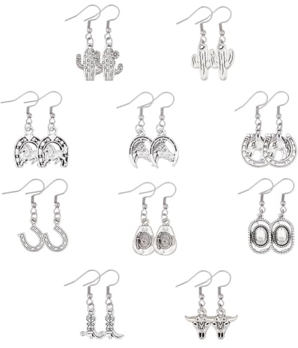 UNICRAFTALE 10 Paar Western Ohrringe 10 Stil Baumelnde Ohrringe 304 Edelstahlstiften Cowboyhut Ohrringe Boho Tropfenohrringe Antike Silberne Cowgirl Stiefel Ohrringe Für Frauen Und Freunde
