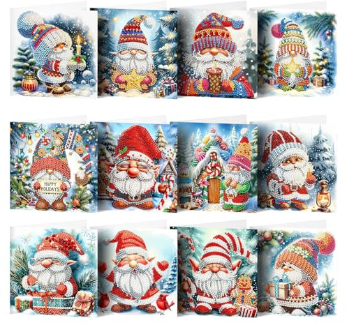 12 Stück Diamantkunst-Weihnachtskarten, Diamant-Kunstkarten mit Weihnachtselementen