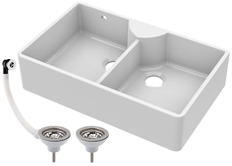 Balterley 895mm Butler White Kitchen Sink, Double Bowl Stepped Weir with Tap Ledge & 2 Waste with 1 Overflow, No Tap Hole, Durable Butler Fireclay Ceramic Kitchen Sink Bowl - 895 x 550 x 220mm (White)
