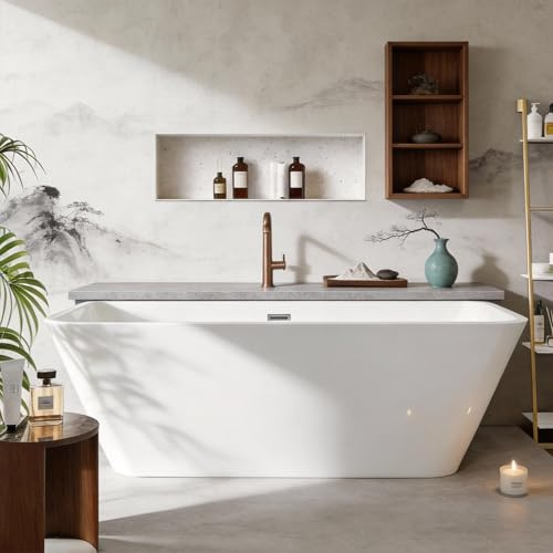 59 Acrylic Freestanding Soaking Tub, Contemporary Design Bathtub, Chrome Overflow & Drain, Easy Installation for Modern Bathroom, White