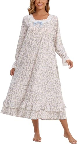 Rubehoow Long Nightgonw for Women's Vintage Floral Nightdress Maxi Sleepdress Sleep Gown with Lace Tirm (S,Purple Floral)