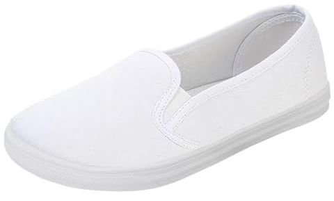 Tenis clásicos de lona para mujer, sin cordones, cómodos, planos, transpirables, ligeros, sin cordones, zapatos casuales de moda, White, 39 EU