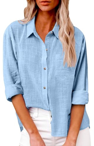 Långärmad skjorta för kvinnor toppar ledig button-down bomull linne skjortor sommarblusar v-hals rullas upp krage lös överdimensionerad t-shirts uppklädd blus kontor arbete damer toppar lätt smal