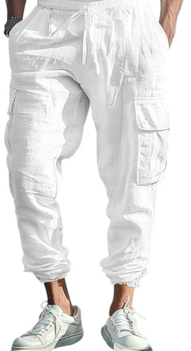 OLIPHEE Pantalones Cargo Hombre de Lino Cintura Elástica Pantalones de Trabajo Hombre con Cordón y Bolsillos Pantalón Deportivo Casual Transpirable Blanco M