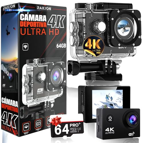 REKION® Camara Deportiva De Alta RESOLUCIÓN 4K60FPS + Tarjeta SD De 64GB Gratis | Camara Acuatica con 8X Zoom | CAM Acuatica Sumergible hasta 30 Metros | Action CAM 16MP con 170° + ESTABILIZADOR