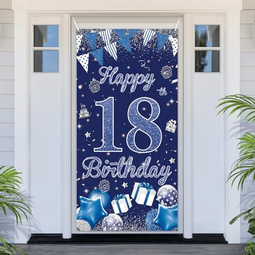PartyYaa 18. Geburtstagsbanner Deko, 18. Geburtstag Tür Banner, Blau Silber Happy Birthday Banner Türabdeckung Fotoautomaten Schild Poster Party Deko für Drinnen und Draußen