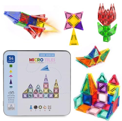 Magnetische Fliesen, Magnetspielzeug Set, MINI Magnet Fliesen Bauspielzeug, Tragbarer Montessori Baukasten ab 3 Jahren | Kreatives Lernspielzeug, Ideales Reise Geschenk für Jungen und Mädchen (54PCS)