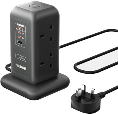 SE UKASE USB C Extension Lead Tower, 65W PD Fast Charger, 6-Gang AC Outlets & 4 USB Ports, 13A 3250W Multi Plug Socket with 2m Cable, Desktop Charging Station for Home Office