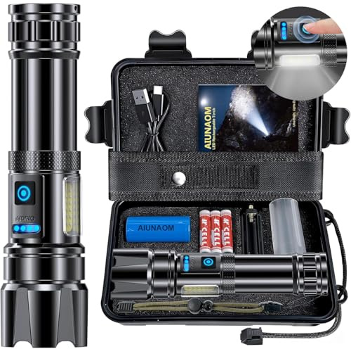 AIUNAOM Torcia LED Ricaricabile, Torcia LED Potente Professionale,500000 lumen IPX6 Impermeabile con 9 Modalità Luce, per campeggio, escursionismo, emergenze