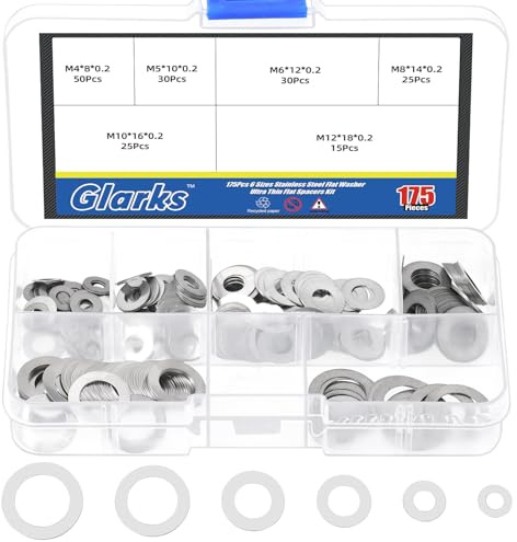 Glarks 175pcs M4/M5/M6/M8/M10/M12 Kit rondelles plates, acier inoxydable Ultra fines entretoises plates, rondelles plates, attaches à anneaux plates pour boulons vis