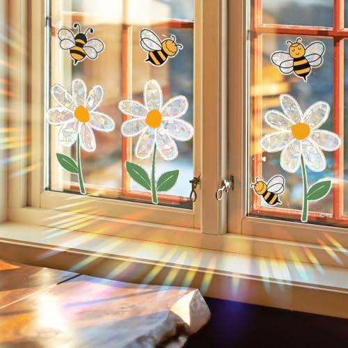 WandSticker4U®- Fensterbilder Kinder BLUMEN & BIENEN selbstklebend holografisch I Prisma Fensteraufkleber Blumen Kinder I Fenstersticker Kinder Tiere Biene Blume Suncatcher Sticker Blumen