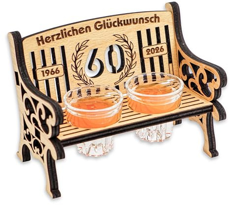 DARO Design - Schnapsbank Holz mit Gravur mit 2 Schnapsgläser - 60 Jahre - 16x12 cm Groß - lustige Geschenkidee - originelles Geschenk zum Geburtstag Firmenjubiläum Hochzeitstag Jubiläum