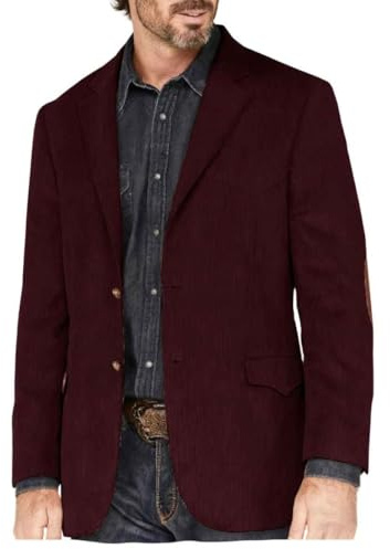ETEVVU Burgundy Men's Corduroy Blazer with Elbow Patch Single Breasted Vintage Causal Jacket Patch Lapel Sport Coats Business Wedding Size XXL