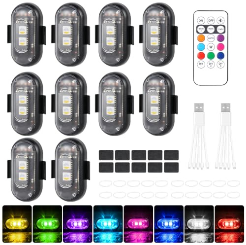 FENYW 10 Pezzi Luci Stroboscopiche Drone LED, 8 Colori Ricarica USB Lmpermeabile Luce a LED, Luci Stroboscopiche Senza Fili con Telecomando, Ricaricabili USB Strobe Drone Light per Motocicletta