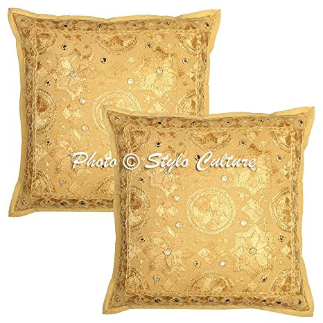 Stylo Culture Boho Forros De Cojines Decorativa 40x40 cm Algodón Espejado Fundas Almohadones Sofa Amarillo Ocre 16x16 Inch Bordado Cuadrado sobre Funda Cojin Silla - 2 Pcs