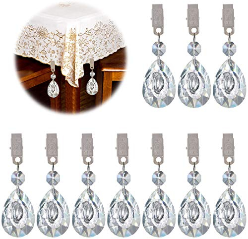 Keadic 10Pcs Tablecloth Weights Hangers, Crystal Glass Teardrop Prisms Pendant Tablecloth Weights Kit,Weights Clips with Metal Clips for Outdoor Party Picnic Table Decoration (Transparent)