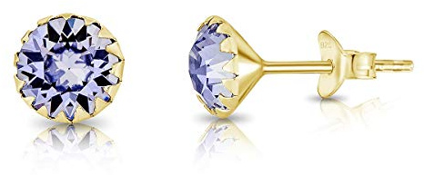 Pendientes Mujer Plata de Ley 925 Chapados Oro 24K con Brillantes de Cristal Lila 6 mm - Pendientes de Botón Oro - Joyería Regalo Mujer