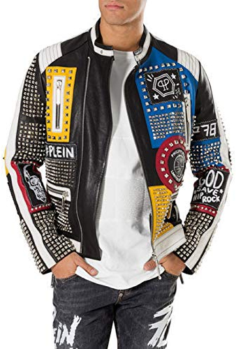 Herren Motorradjacke mit Nieten, Punk-Rock-Welt-Design, Retro-Biker-Lederjacke - - X-Large